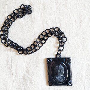 Rare Vintage Bakelite / Celluloid Black Mourning Cameo Necklace and Chain